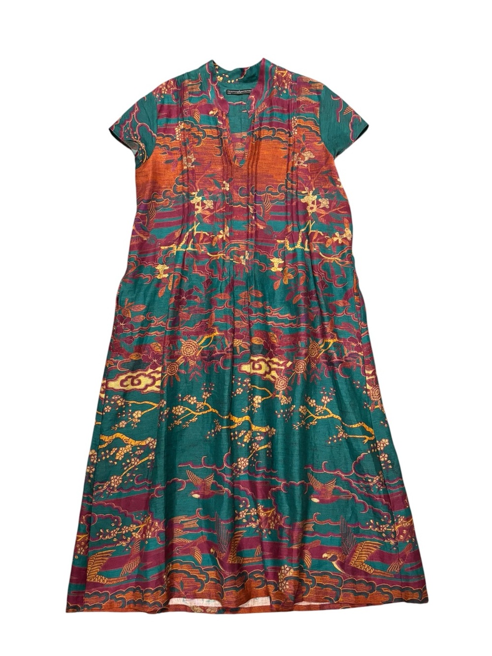 Peruvian Connection Floating World Linen Multicolor Printed Midi Dress, L - Picture 6 of 10
